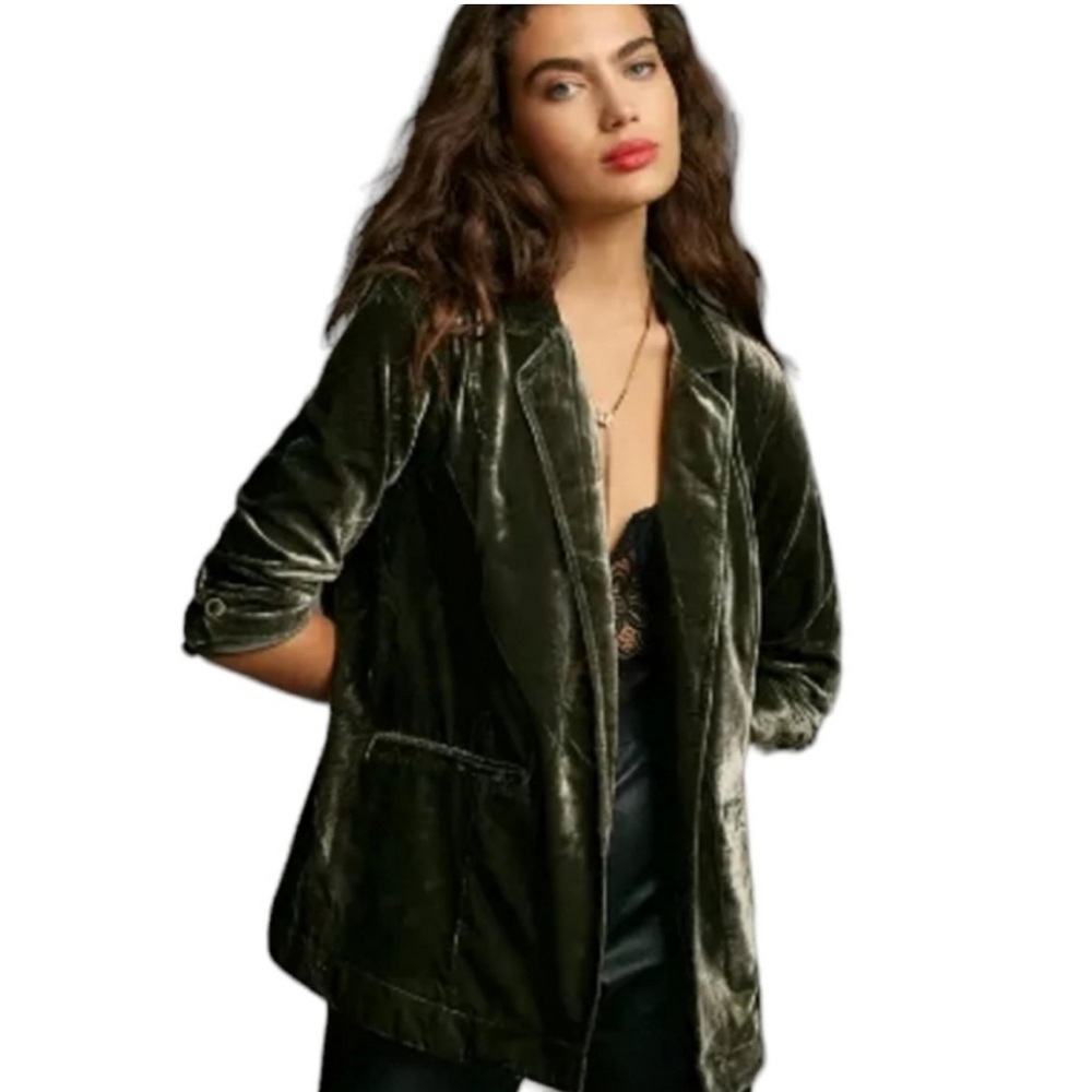 Anthropologie Blazer Womens XS Alessia Velvet Green Earthy Classy Professional